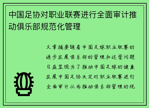 中国足协对职业联赛进行全面审计推动俱乐部规范化管理